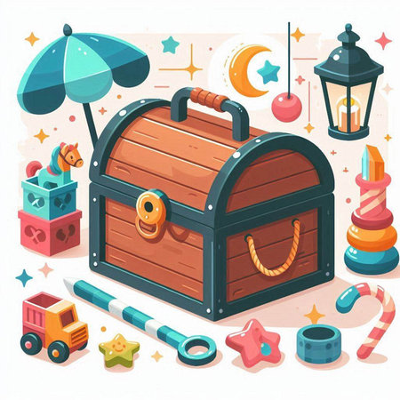 Vector cartoon illustration of a treasure chest with magic items and accessories.のイラスト素材