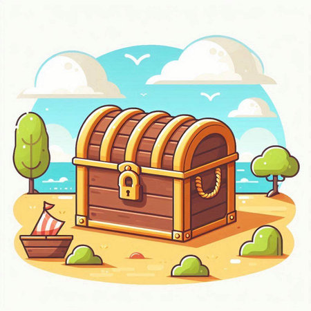 Wooden chest on the beach. Vector illustration in cartoon style.のイラスト素材