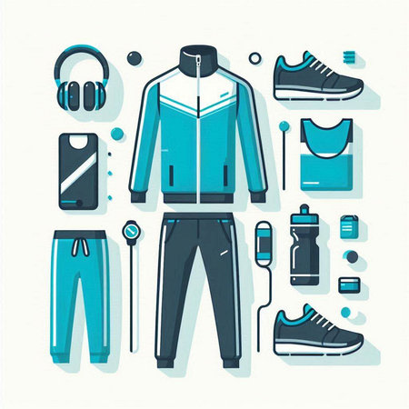 Vector illustration of a set of sportswear and equipment for training.のイラスト素材