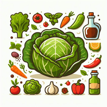 Cabbage, tomato, garlic, pepper, olive oil and other vegetables. Vector illustration.のイラスト素材