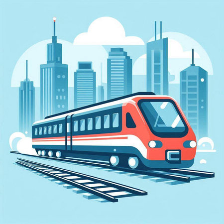 Modern train on the background of the modern city. Vector illustration.のイラスト素材