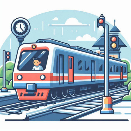 Train on the railway station. Vector illustration in flat cartoon style.のイラスト素材
