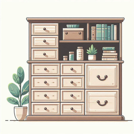 Vector illustration of a chest of drawers with books and plants.のイラスト素材