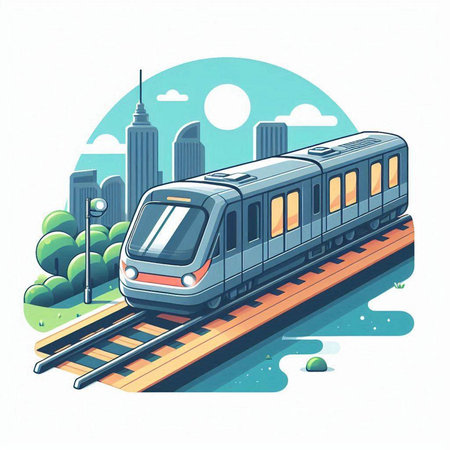 Train on the background of the city. Vector illustration in flat styleのイラスト素材