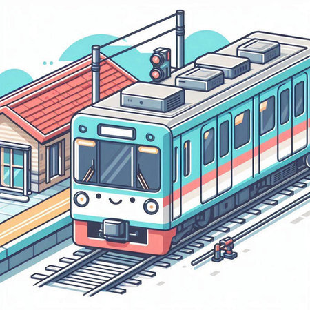 Train on the railway station. Vector illustration in line art style.のイラスト素材