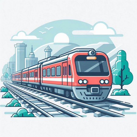 Train on the background of city landscape. Vector illustration in cartoon style.のイラスト素材