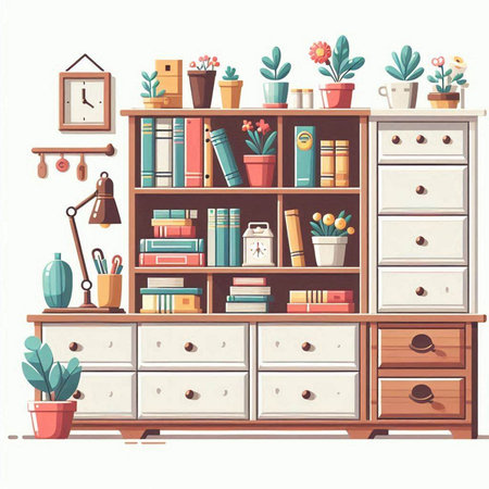 Vector illustration of a bookshelf with books and various home objectsのイラスト素材