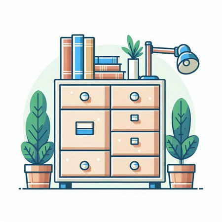 Cabinet with books and plants. Vector illustration in flat styleのイラスト素材