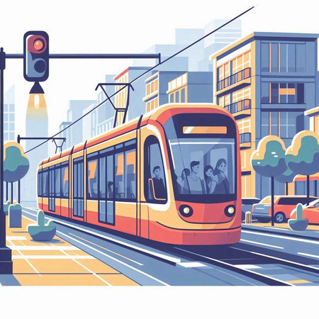 Modern tram on the city street. Urban transport. Vector illustration.のイラスト素材