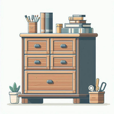 Wooden chest of drawers with stationery. Vector illustration.のイラスト素材