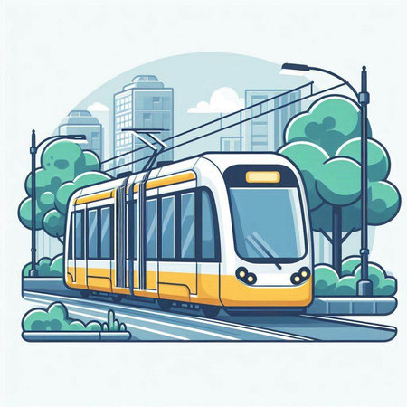 Modern city tram on the background of the city. Vector illustration.のイラスト素材