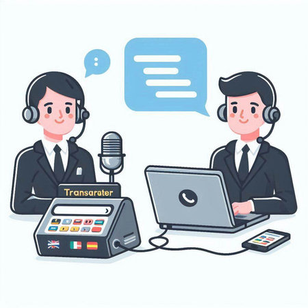 Vector illustration of a customer support agent with headset, microphone and laptopのイラスト素材
