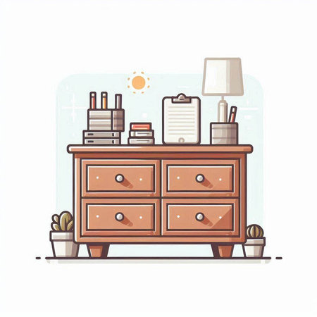 Vector illustration of a nightstand with books, lamp and coffee table.のイラスト素材