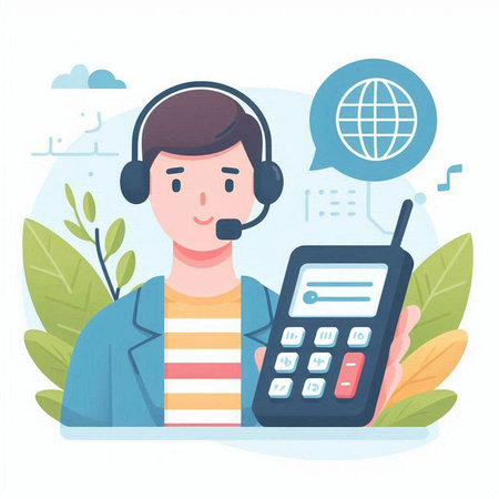 Call center operator with headset and calculator. Vector illustration in flat styleのイラスト素材