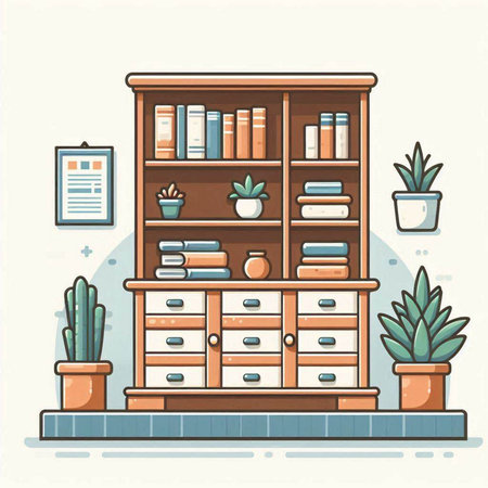 Bookshelf with books and plants. Vector illustration in flat styleのイラスト素材