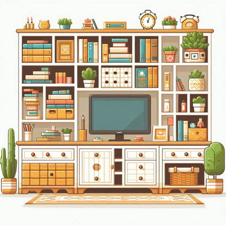 Vector illustration of a shelf with books and home related items in cartoon styleのイラスト素材