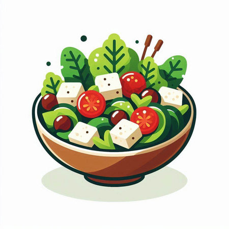 Greek salad in a bowl isolated on white background. Vector illustration.のイラスト素材