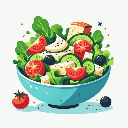 Vegetable salad in a bowl. Hand drawn vector illustration.のイラスト素材