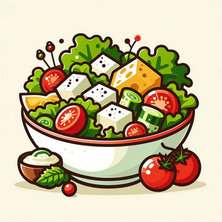 Vegetable salad in bowl isolated on white background. Vector illustration.のイラスト素材