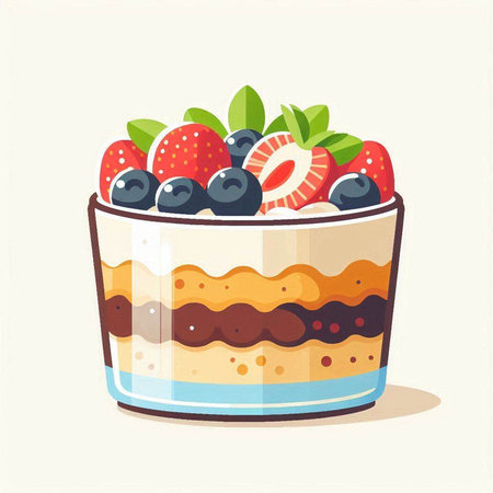Piece of cake with strawberries and blueberries. Vector illustration.のイラスト素材
