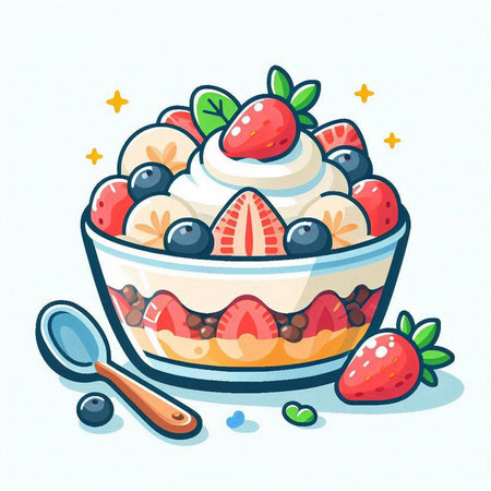 Fruit salad with strawberries, blueberries, strawberries and whipped cream. Vector illustration.のイラスト素材