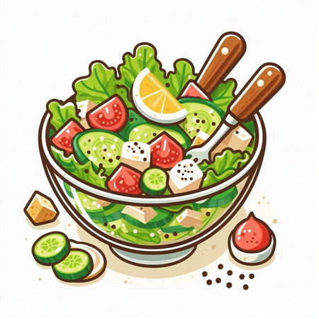 Vegetable salad in a bowl. Healthy food. Vector illustration.のイラスト素材