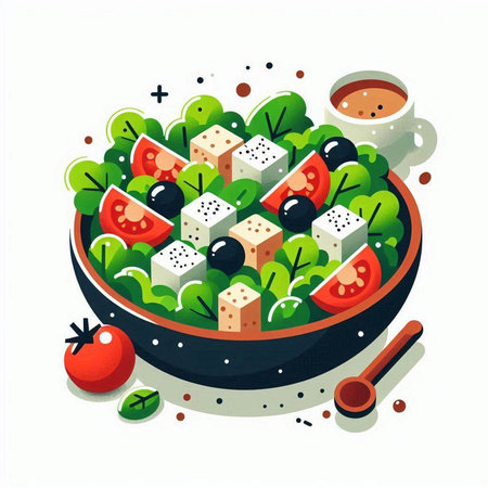 Salad with feta cheese, tomatoes and olives. Vector illustrationのイラスト素材