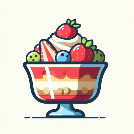Vector illustration of dessert in a glass vase with strawberries, blueberries and whipped cream.のイラスト素材