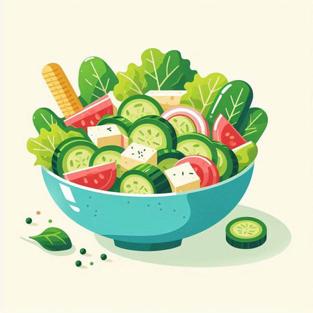 Fresh vegetable salad in a bowl. Healthy food. Vector illustration.のイラスト素材