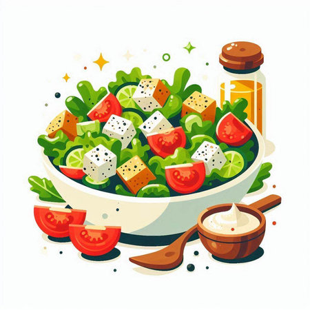 Salad with feta cheese, tomatoes and herbs in bowl. Vector illustrationのイラスト素材