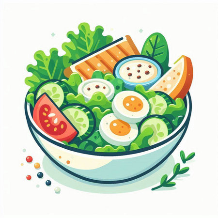 Salad with eggs and vegetables in a bowl. Vector illustration.のイラスト素材