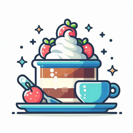 Cup of coffee with whipped cream and strawberries, flat vector illustration.のイラスト素材