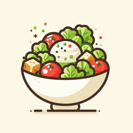 Salad in a bowl. Hand drawn vector illustration in cartoon style.のイラスト素材