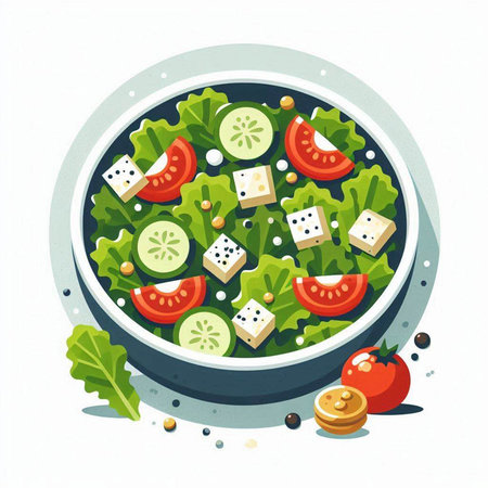 Salad with cheese, tomato, cucumber and pepper. Vector illustration.のイラスト素材