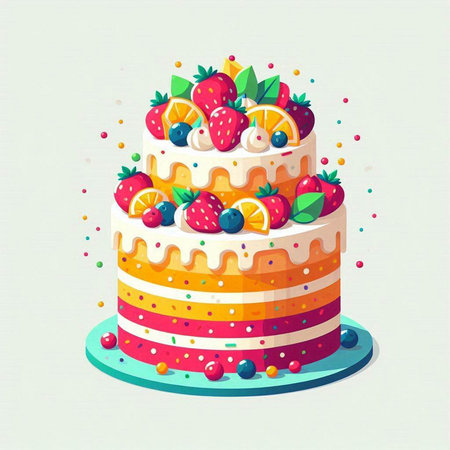 Birthday cake with berries and cream on white background. Vector illustration.のイラスト素材