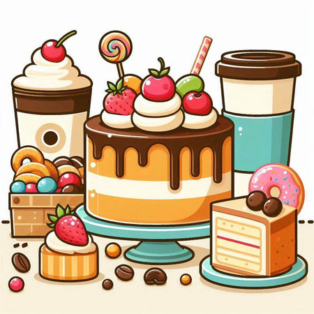 Illustration of Cakes and Desserts with Cup of Coffeeのイラスト素材
