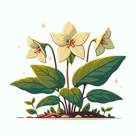 Illustration of a small green plant with white flowers and green leavesのイラスト素材