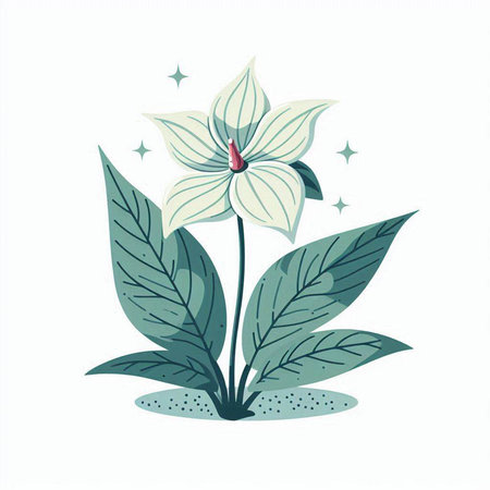 Illustration of a white flower with green leaves on a white backgroundのイラスト素材