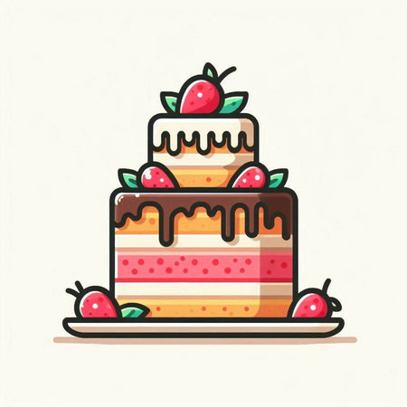 Cake icon. Vector illustration of a cake with cream, strawberry and cherry.のイラスト素材