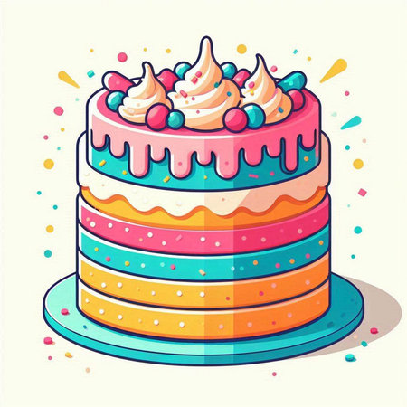 Cake with cream and berries. Colorful vector illustration in cartoon style.のイラスト素材