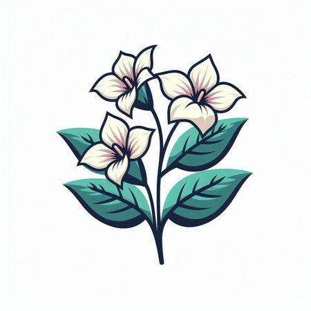 Illustration of a branch with flowers and leaves on a white backgroundのイラスト素材