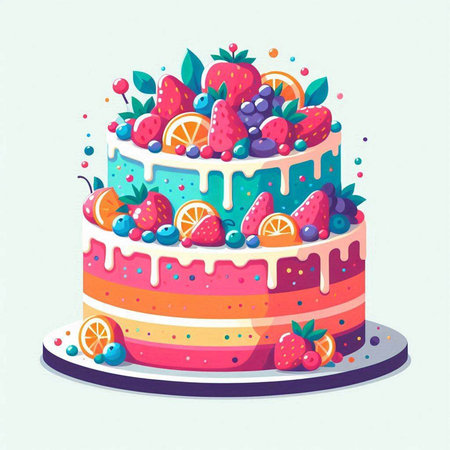 Cake with berries and fruits. Vector illustration in cartoon style.のイラスト素材