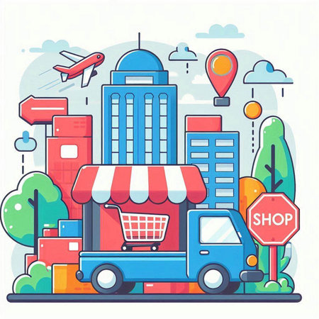 Flat line design vector illustration concept of online shopping and delivery services.のイラスト素材