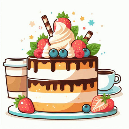 Illustration of a Cake with Strawberries and Cup of Coffee on a White Backgroundのイラスト素材