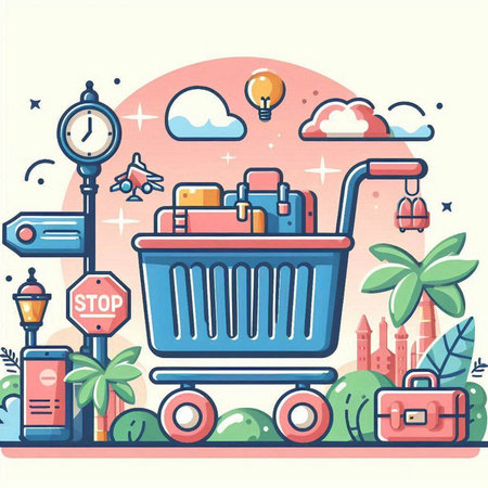 Colorful vector illustration of a shopping cart with luggage and travel itemsのイラスト素材