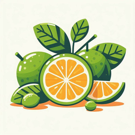 Citrus fruit vector illustration. Juicy fresh lime with leaves and slices.のイラスト素材