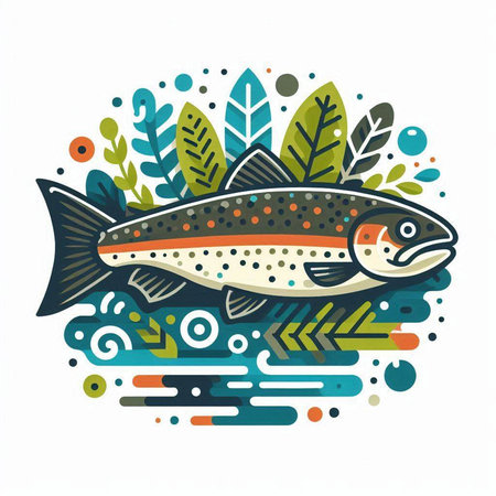 Colorful vector illustration of a trout in the form of a circleのイラスト素材