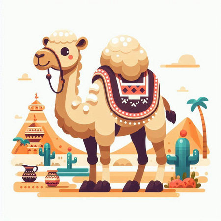 Camel in the desert. Vector illustration in flat style on white background.のイラスト素材