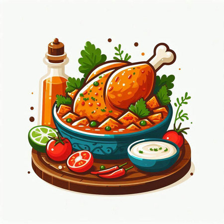 Illustration of chicken with vegetables and sauce on a white background.のイラスト素材