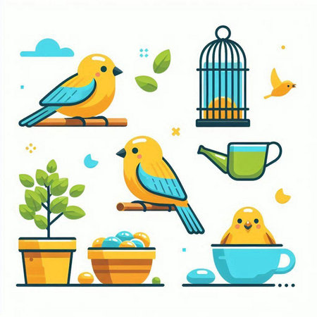 Cute birds and flowers in pots. Vector illustration in flat style.のイラスト素材